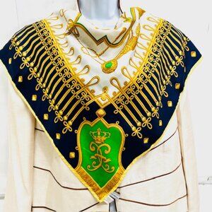 Clasdic PRINTEMPS Scarf 100% Silk  Italy Made 31 X 31 Blue Green Goldbow tie(43